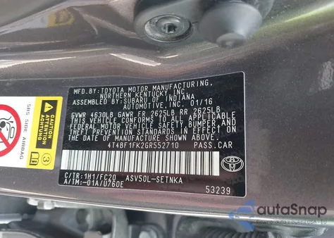 2016 Toyota Camry Le z USA, uszkodzony, nr VIN 4T4BF1FK2GR552710